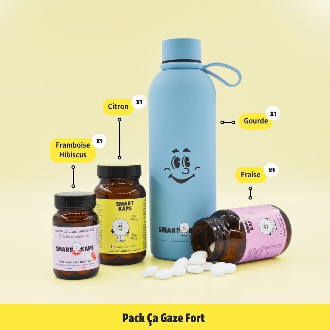 Pack découverte "Ça gaze fort" 3 boites Citron, Fraise, Framboise-Hibiscus + 1 gourde 50cl originale Smart Kaps