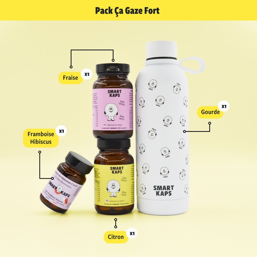 Pack découverte "Ça gaze fort" 3 boites Citron, Fraise, Framboise-Hibiscus + 1 gourde 50cl originale Smart Kaps