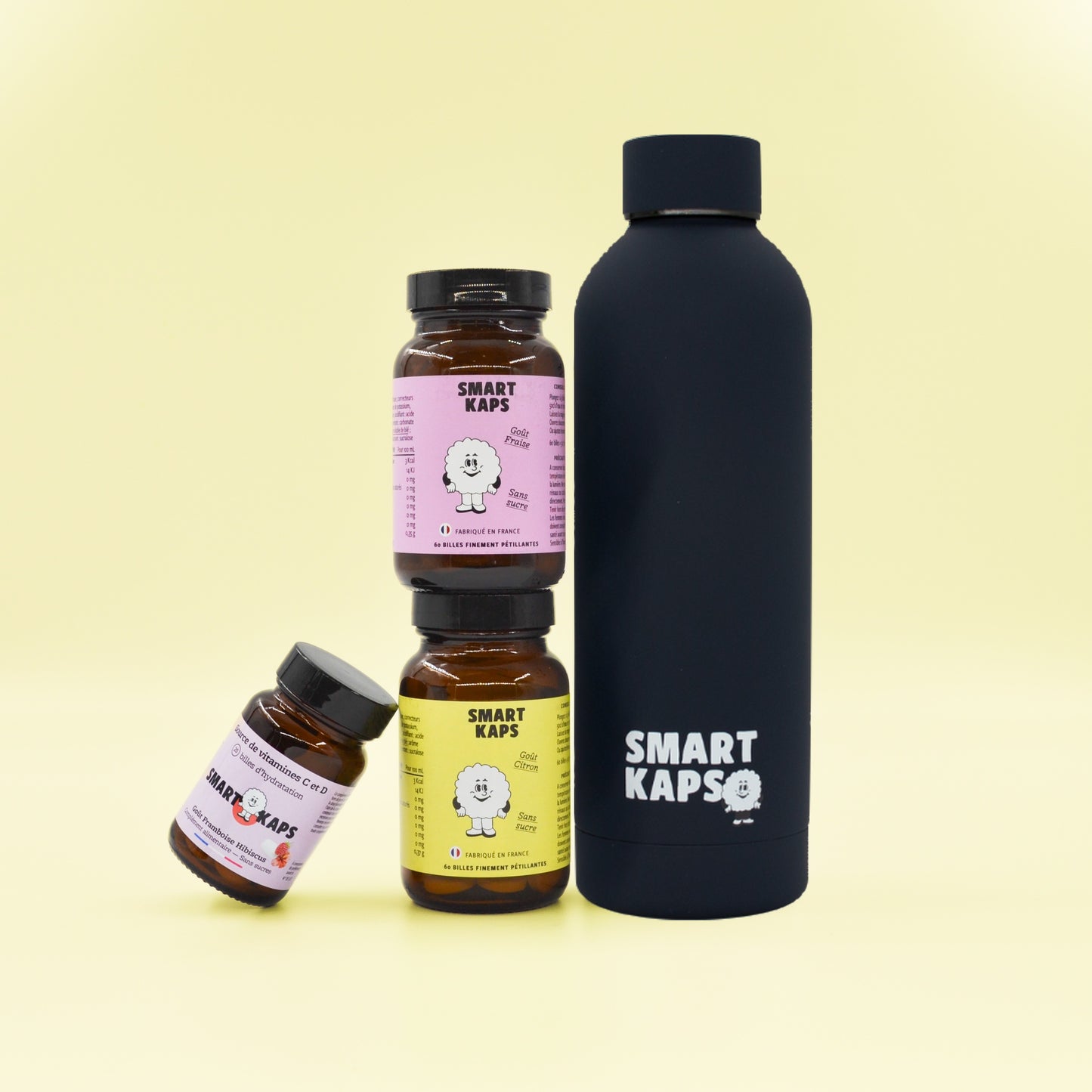 Pack découverte "Ça gaze fort" 3 boites Citron, Fraise, Framboise-Hibiscus + 1 gourde 50cl originale Smart Kaps