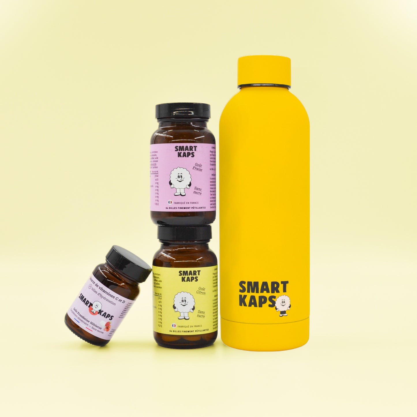 Pack découverte "Ça gaze fort" 3 boites Citron, Fraise, Framboise-Hibiscus + 1 gourde 50cl originale Smart Kaps